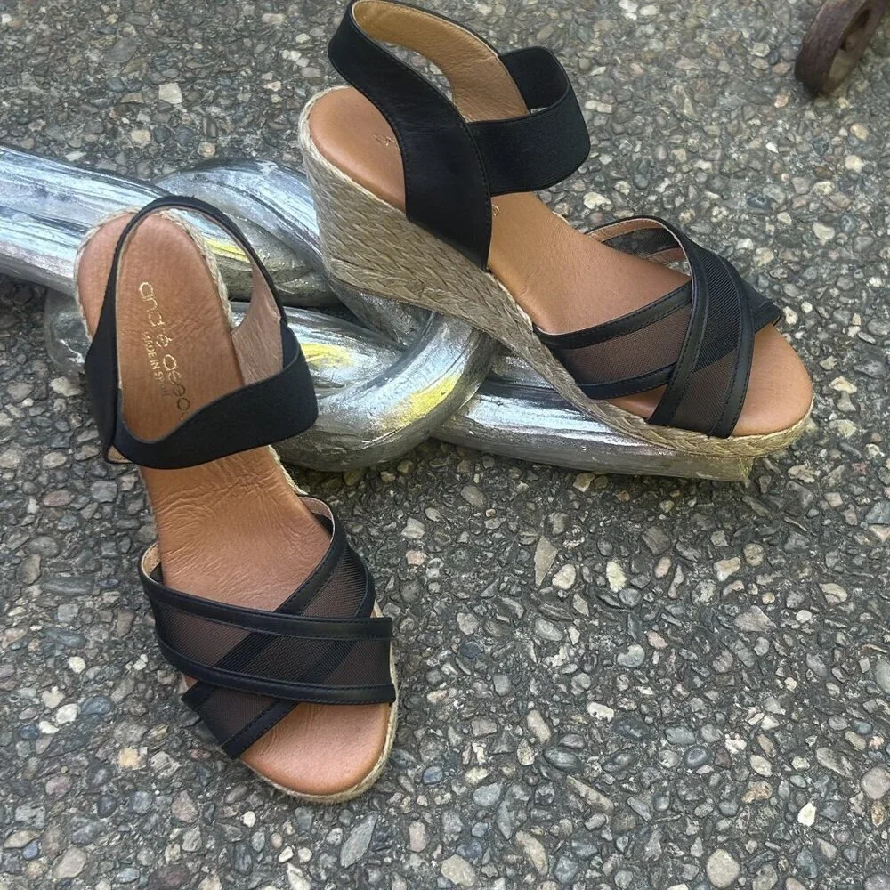 Andre Assoue Black Stretch Mesh Wedge Espadrille Sandals Size 37